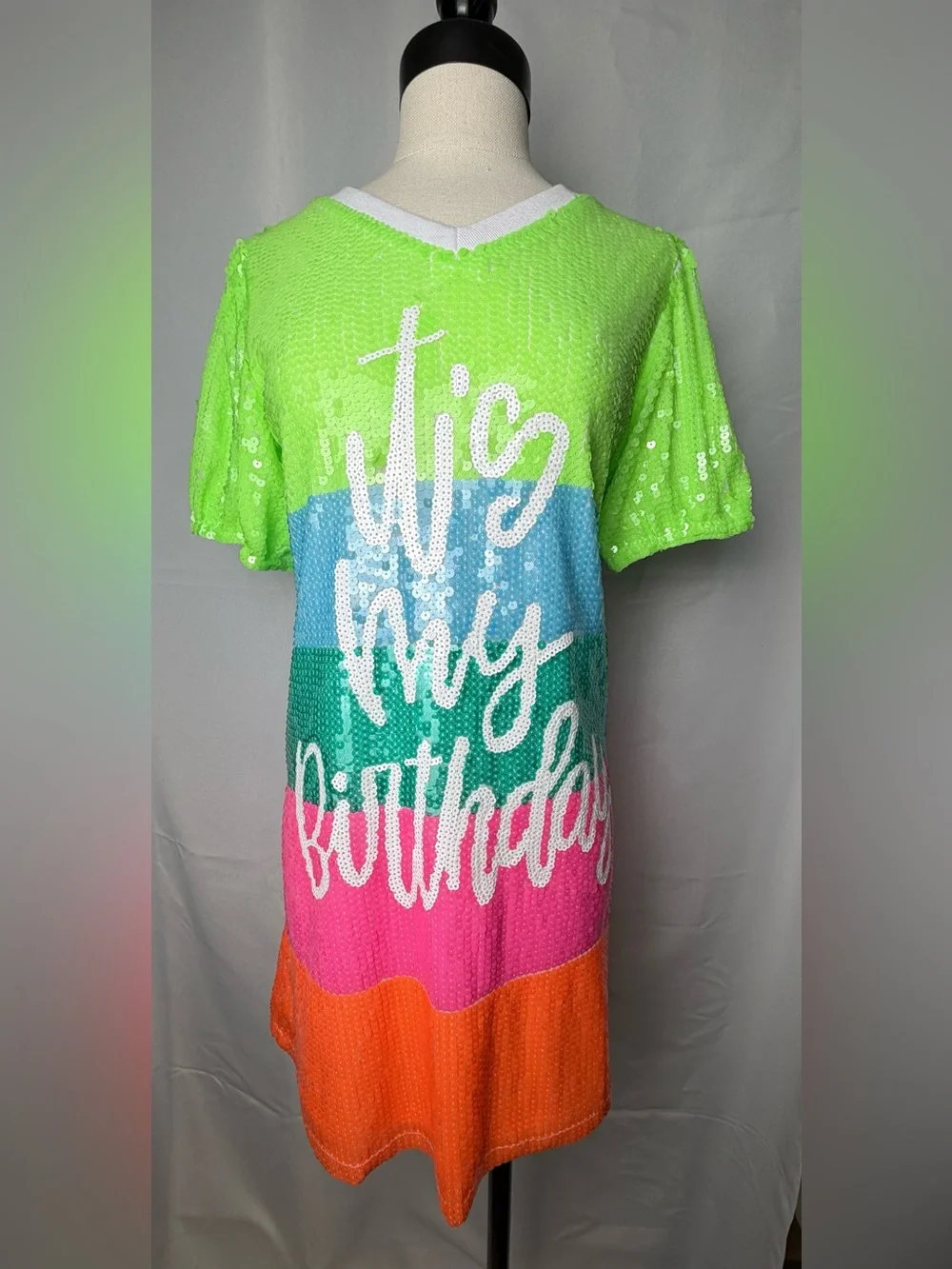 WHY Dress It’s My Birthday Rainbow Sequin Shift Dress Size Small Party Vegas.